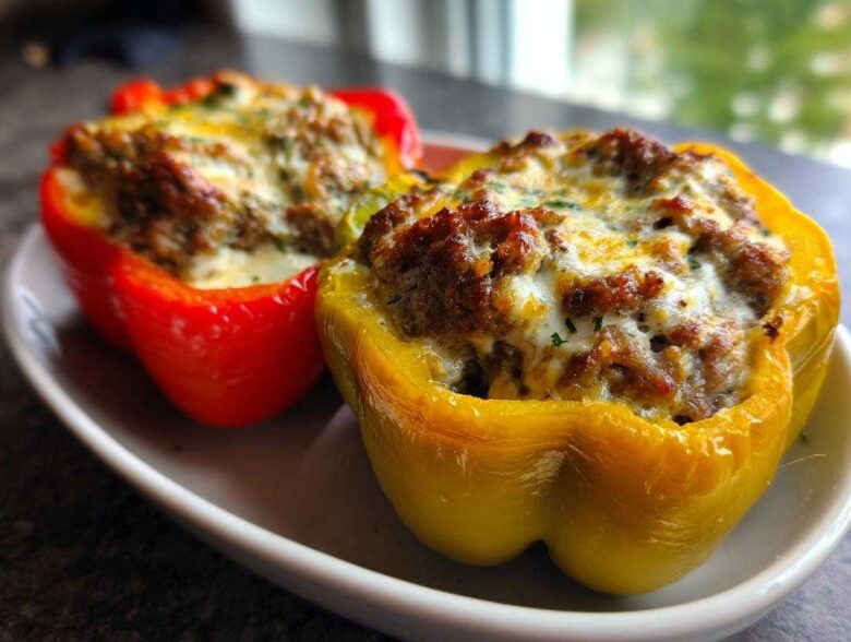 Two Keto Creamy Italian Sausage Stuffed Peppers, one red and one yellow, topped with melted cheese, served on a white dish.