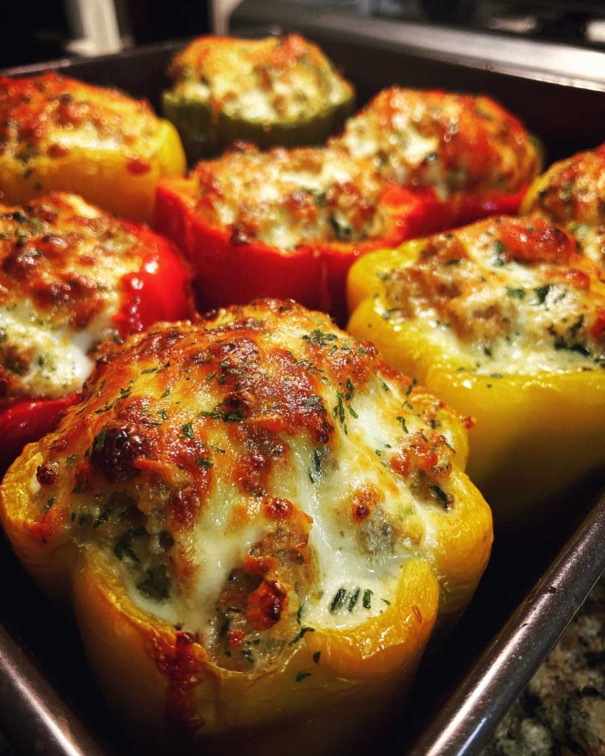 Close-up of baked Keto Creamy Italian Sausage Stuffed Peppers with melted, browned cheese topping.