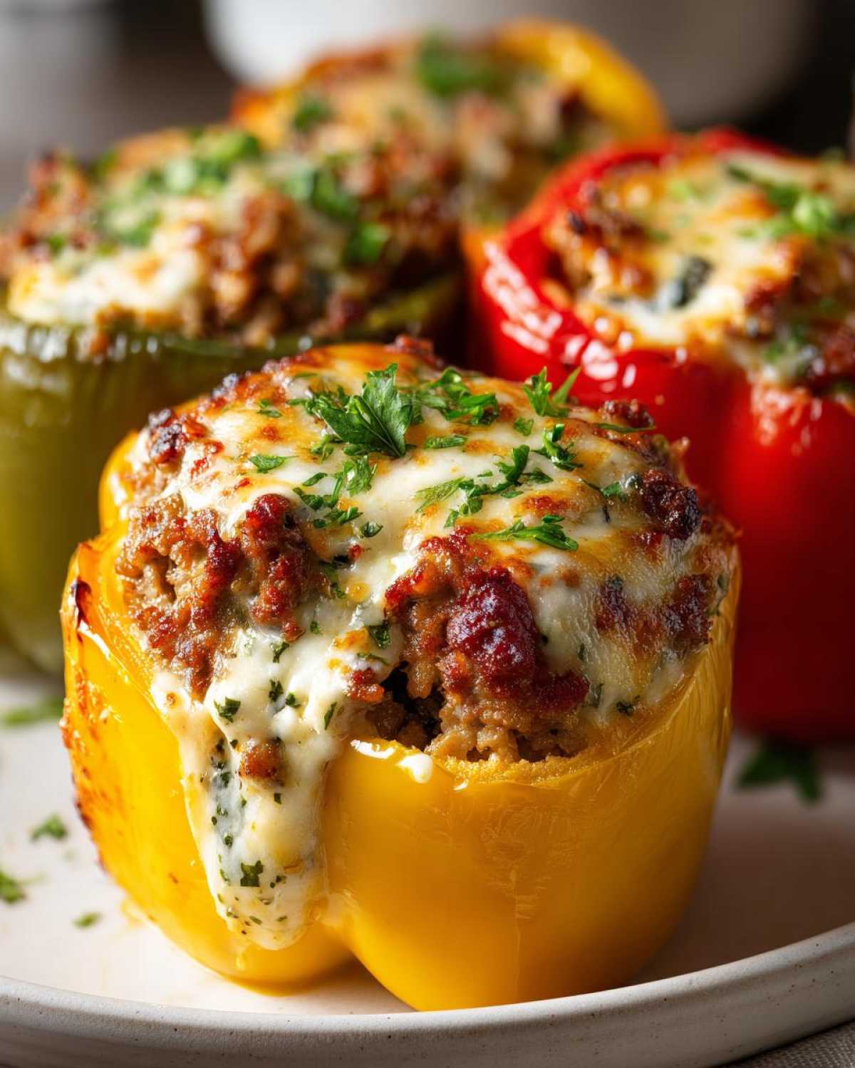 Close-up of a yellow Keto Creamy Italian Sausage Stuffed Pepper topped with melted cheese and parsley.