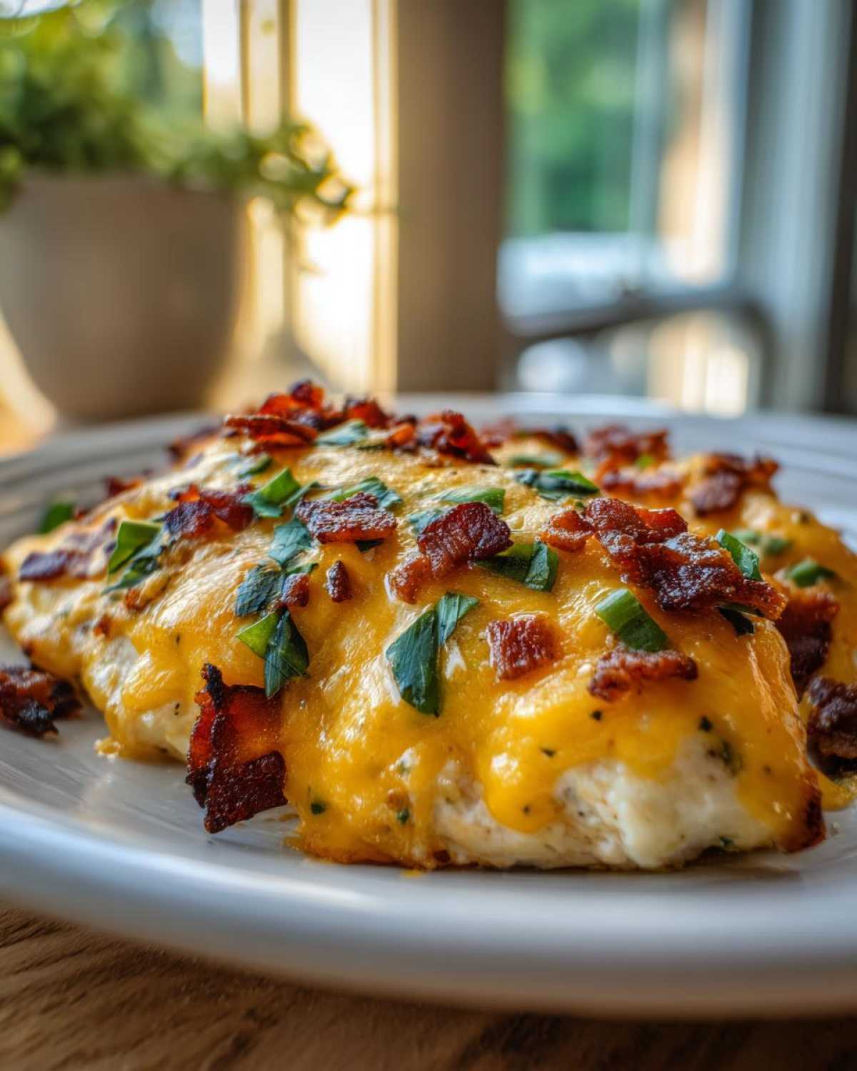 Close-up of Keto Creamy Jalapeno Popper Chicken topped with melted cheddar cheese, bacon bits, and green onions.