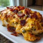 A close-up of a baked chicken breast topped with melted cheddar cheese, green jalapeno pieces, and crispy bacon bits: Keto Creamy Jalapeno Popper Chicken.