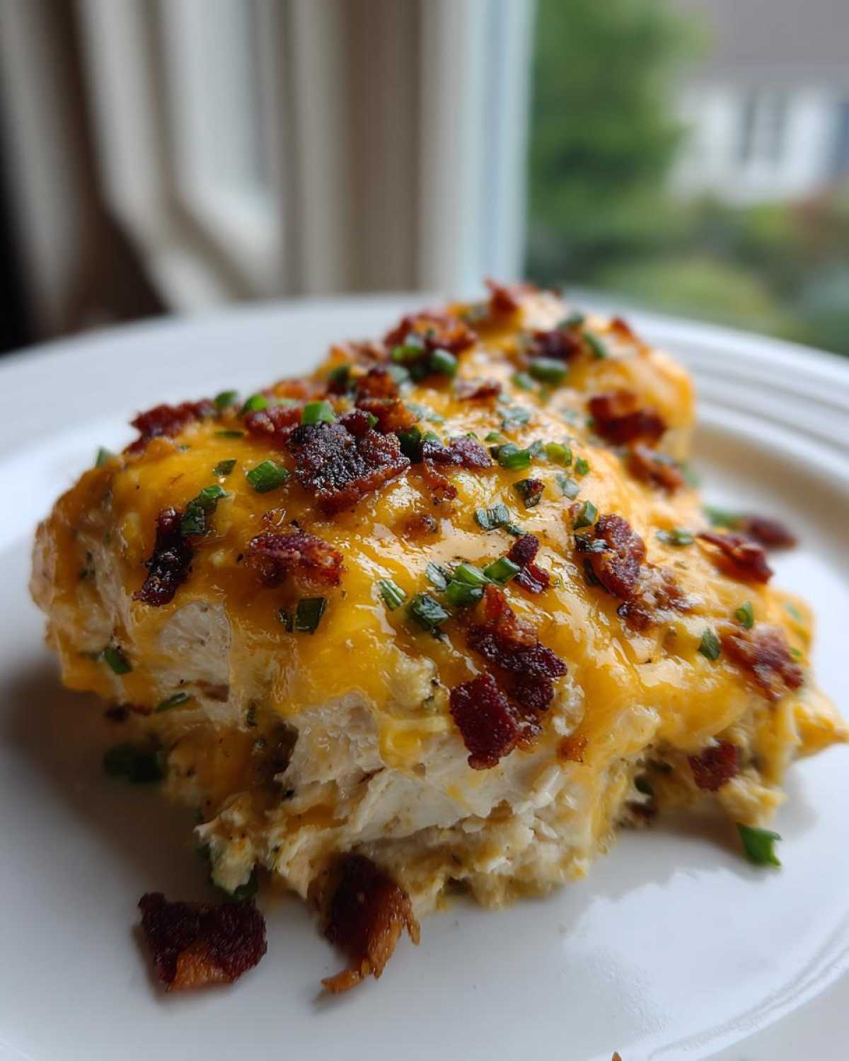 A serving of Keto Creamy Jalapeno Popper Chicken topped with melted cheddar and bacon bits.