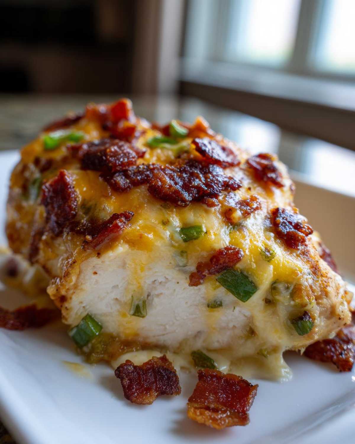 A close-up cross-section of Keto Creamy Jalapeno Popper Chicken, showing juicy white meat topped with melted cheese, green peppers, and bacon crumbles.