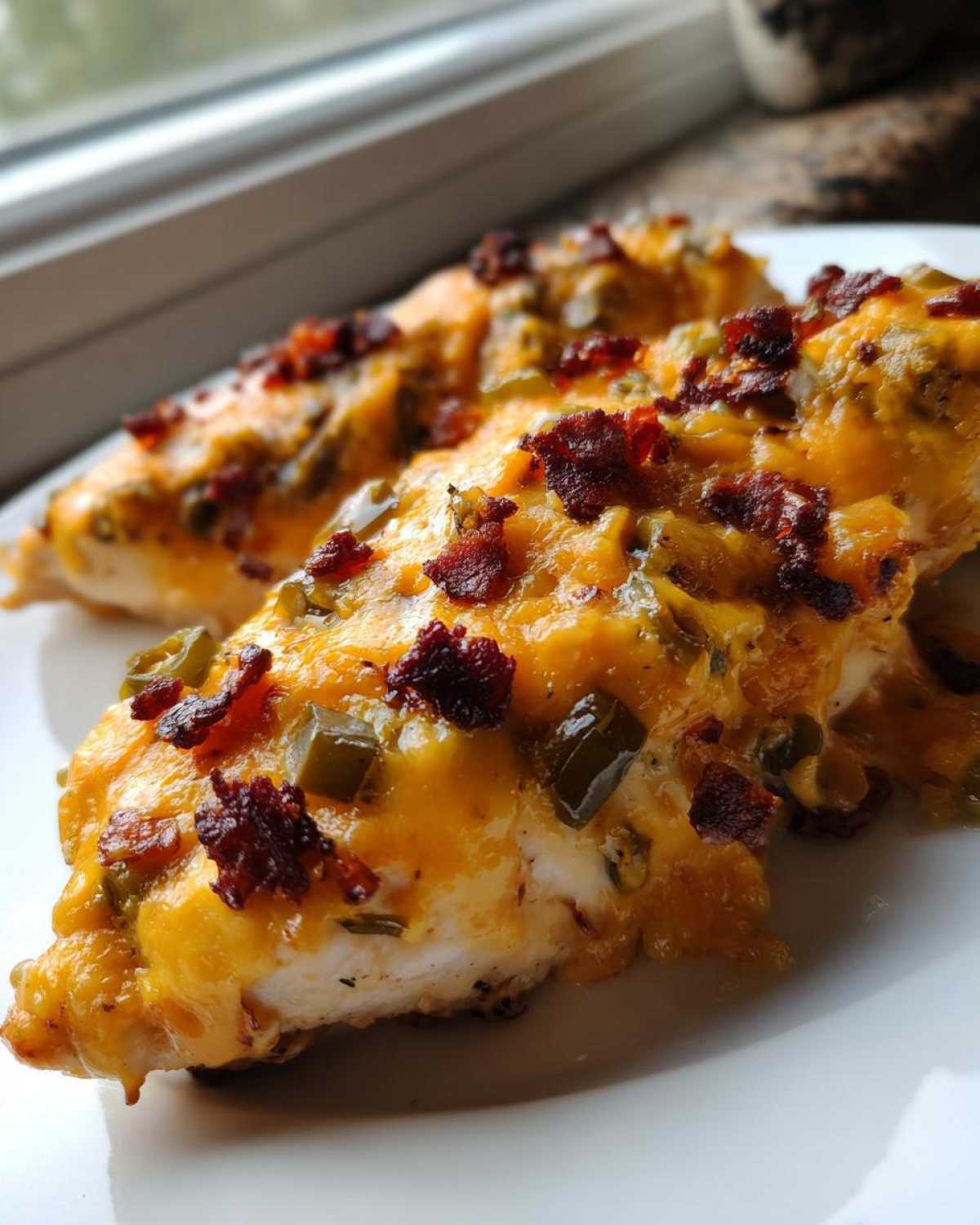 Two pieces of Keto Creamy Jalapeno Popper Chicken topped with melted cheddar cheese, jalapeños, and bacon bits.