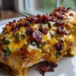 A close-up of a baked chicken breast topped with melted cheddar cheese, green jalapeno pieces, and crispy bacon bits—Keto Creamy Jalapeno Popper Chicken.