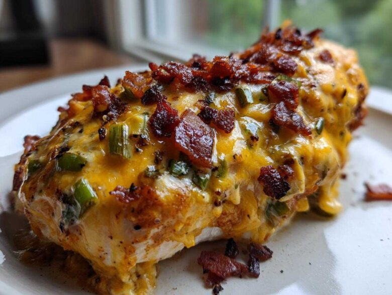 A close-up of a baked chicken breast topped with melted cheddar cheese, green jalapeno pieces, and crispy bacon bits—Keto Creamy Jalapeno Popper Chicken.