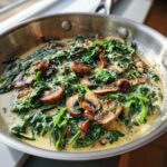 Close-up of Keto Creamy Spinach Mushroom Skillet cooking in a stainless steel pan.
