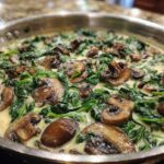 Close-up of Keto Creamy Spinach Mushroom Skillet cooking in a stainless steel pan, featuring rich sauce, wilted spinach, and browned mushrooms.