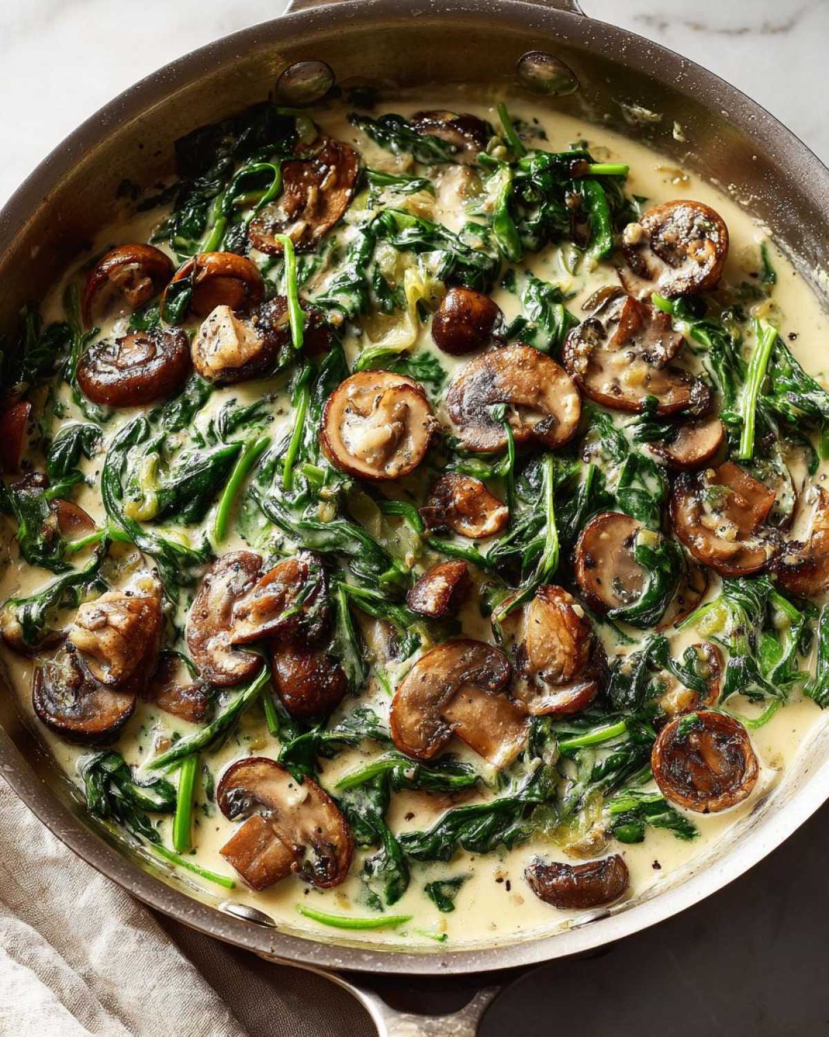 Overhead view of a Keto Creamy Spinach Mushroom Skillet cooking in a stainless steel pan.