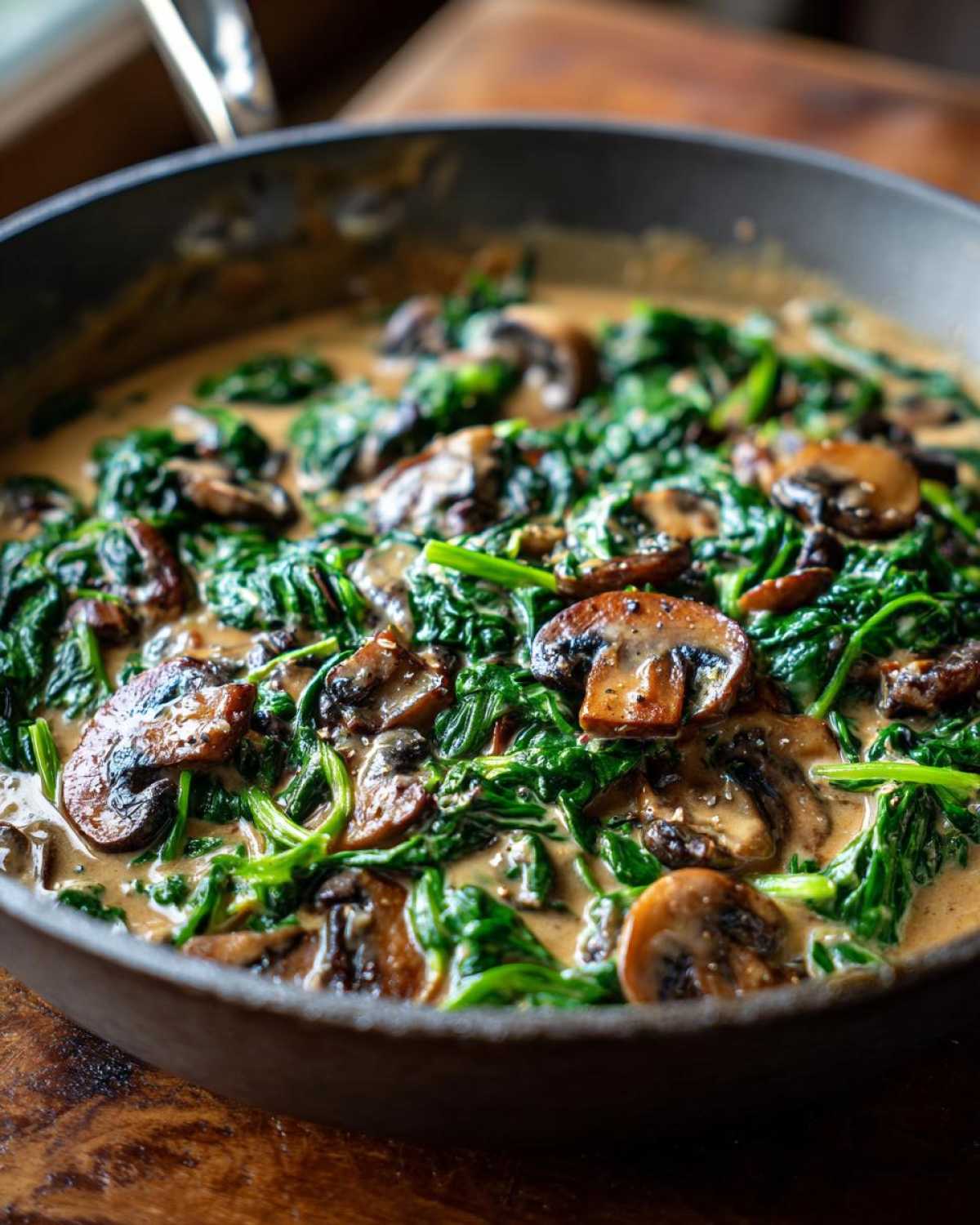 Close-up of Keto Creamy Spinach Mushroom Skillet featuring sautéed mushrooms and wilted spinach in a rich cream sauce.