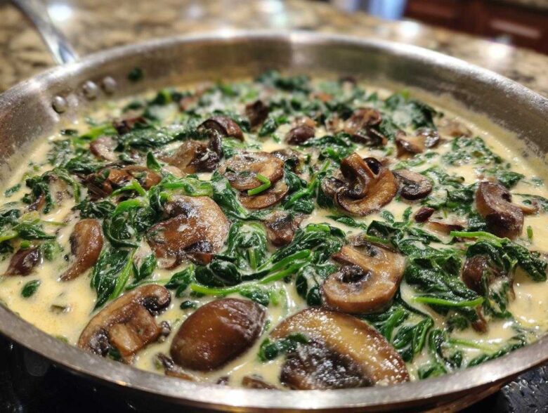 Close-up of Keto Creamy Spinach Mushroom Skillet cooking in a stainless steel pan, featuring rich sauce, wilted spinach, and browned mushrooms.