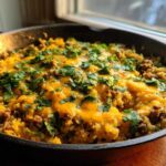 Close-up of Keto Creamy Taco Skillet with cauliflower rice, ground beef, melted cheddar cheese, and fresh cilantro.