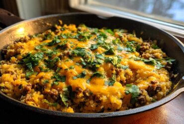 Close-up of Keto Creamy Taco Skillet with cauliflower rice, ground beef, melted cheddar cheese, and fresh cilantro.