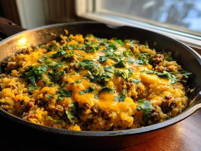 Close-up of Keto Creamy Taco Skillet with cauliflower rice, ground beef, melted cheddar cheese, and fresh cilantro.