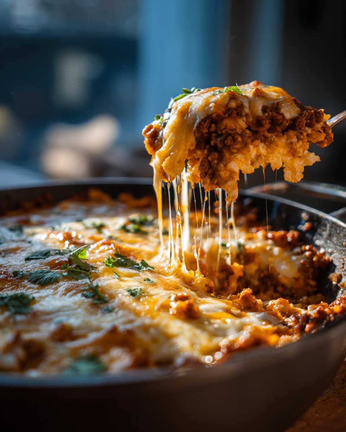 A spoonful of Keto Creamy Taco Skillet showing melted, stringy cheese over seasoned ground meat and cauliflower rice.