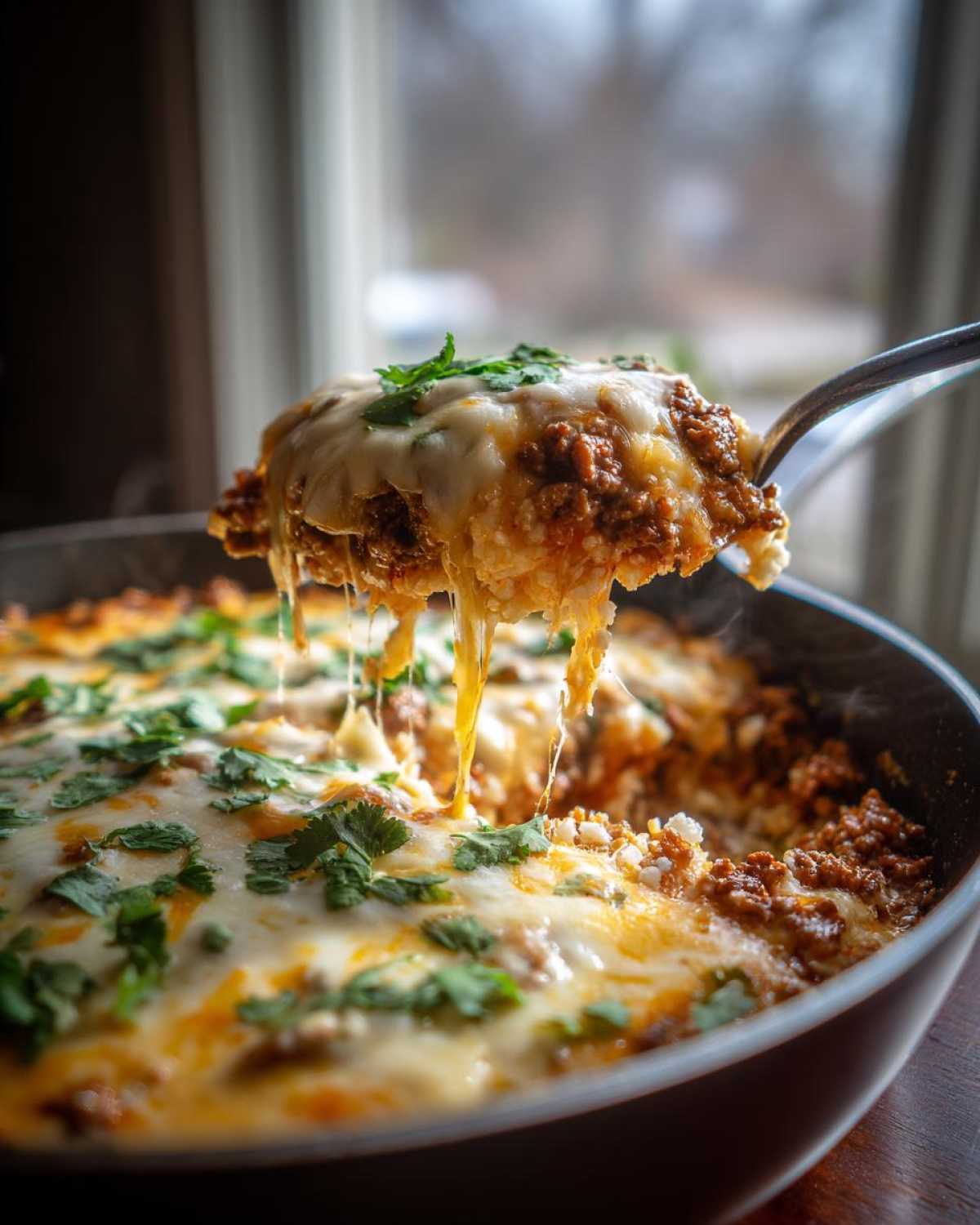 A spoonful of Keto Creamy Taco Skillet lifts out, showing melted, stringy cheese over seasoned ground meat and cauliflower rice.