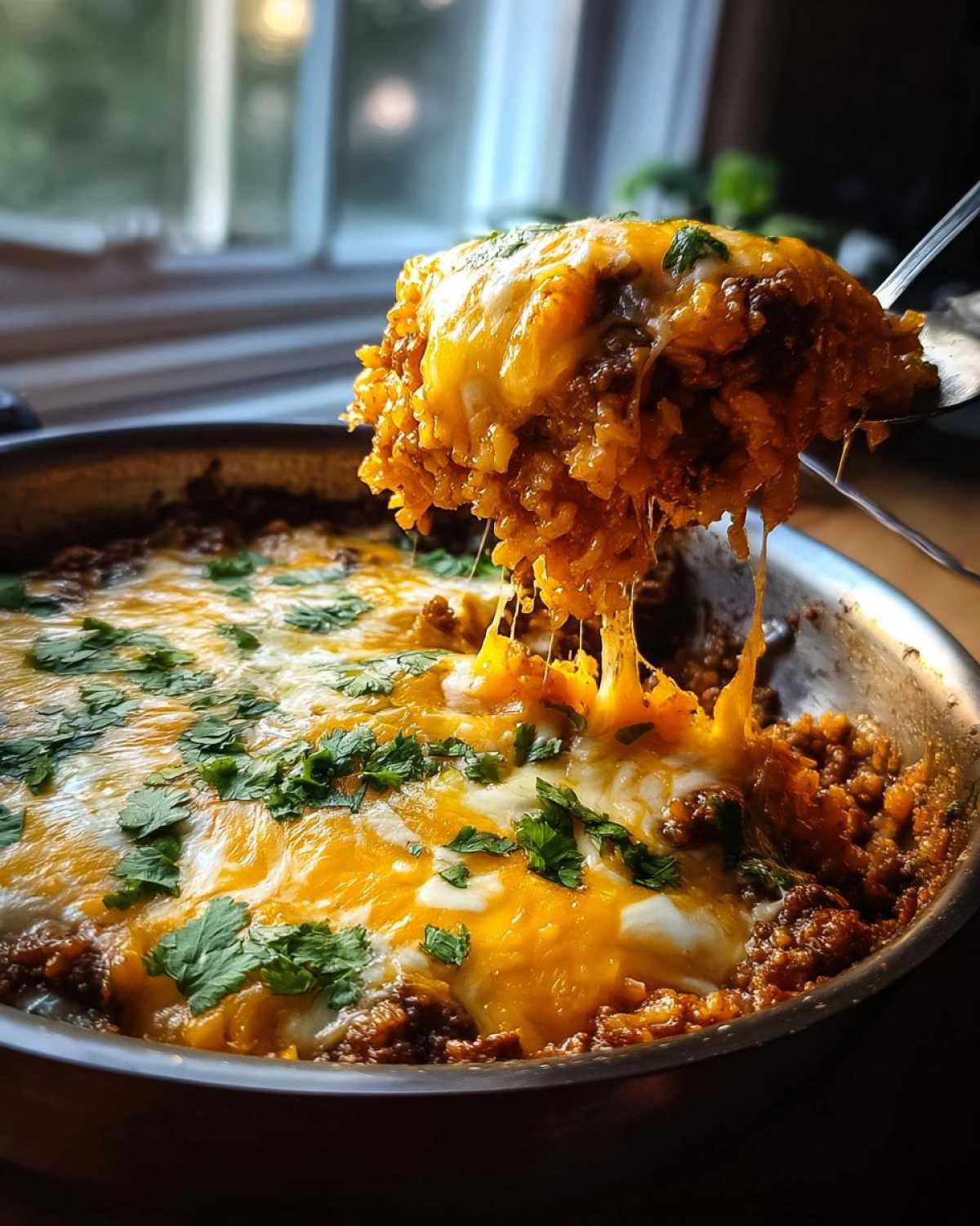 A spoonful of rich Keto Creamy Taco Skillet with cauliflower rice being lifted, showing melted, stringy cheese.