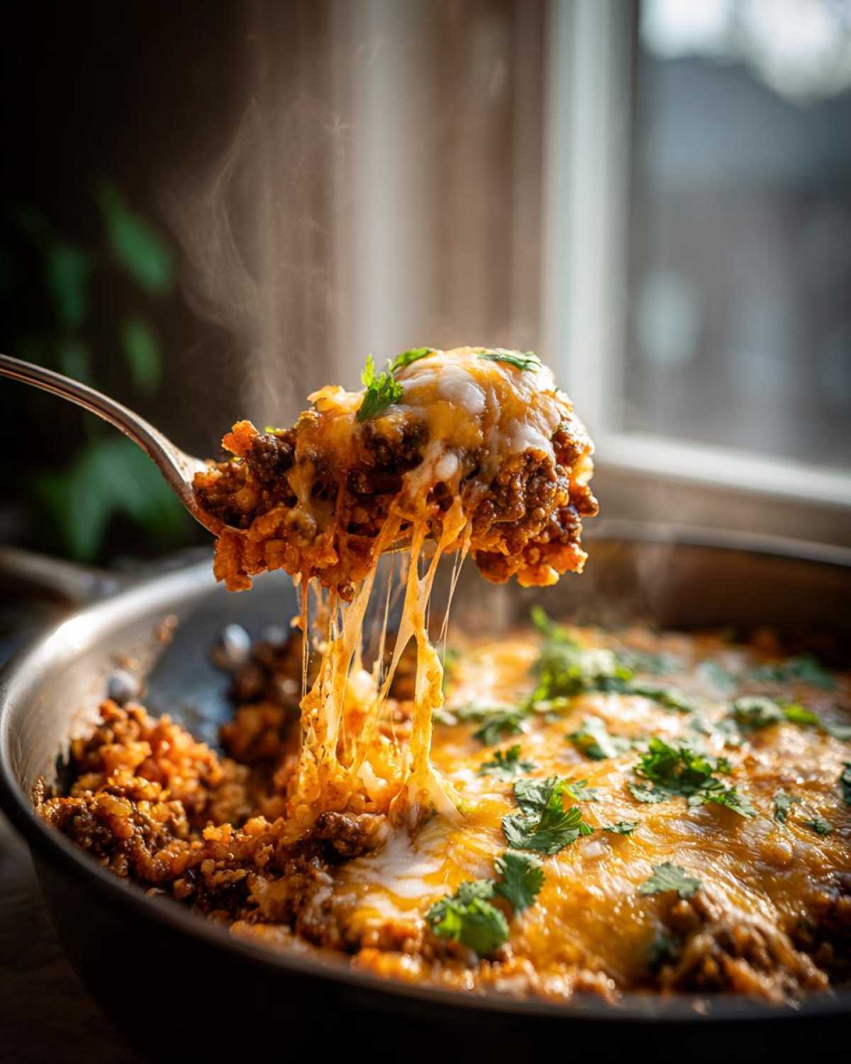 A spoonful of steaming Keto Creamy Taco Skillet with melted, stringy cheese being lifted from the pan.