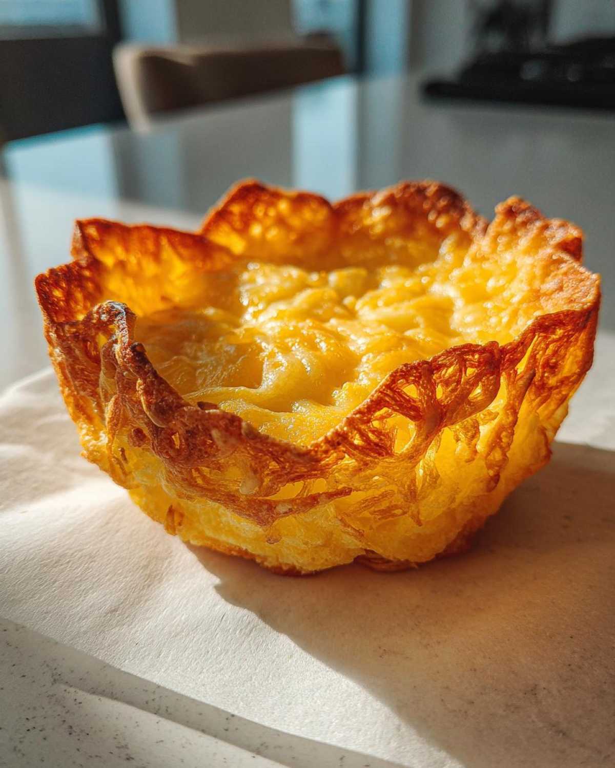 A single, golden-brown, crispy Keto Crispy Cheese Taco Shell Bowl shaped like a small cup.