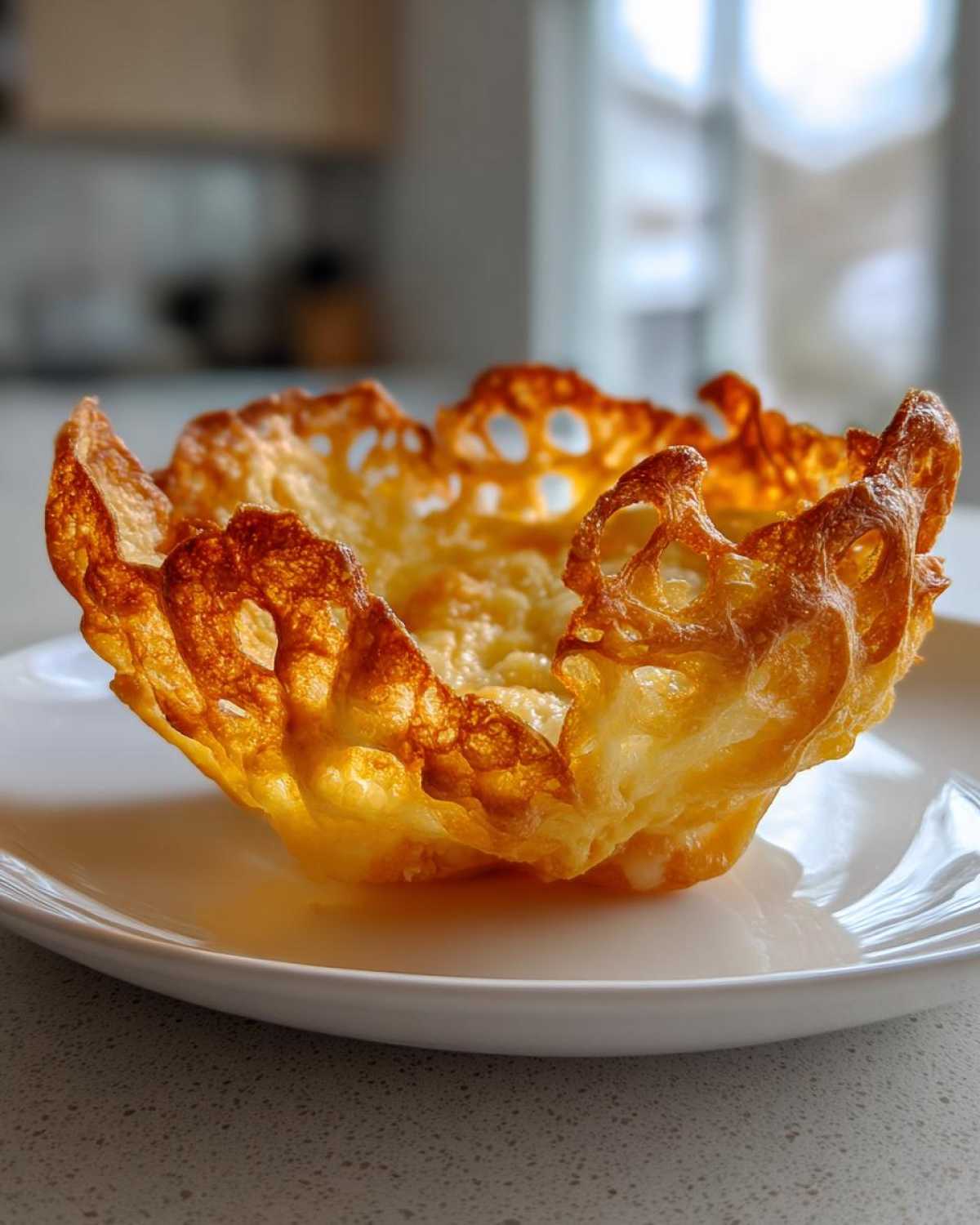 A single, golden-brown, crispy Keto Crispy Cheese Taco Shell Bowl sitting on a white plate.
