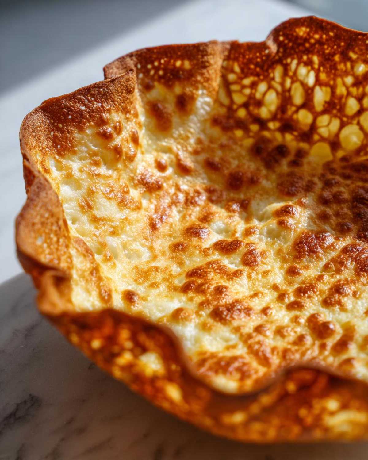 Close-up of a perfectly browned, crispy Keto Crispy Cheese Taco Shell Bowl with melted, bubbly cheese texture.