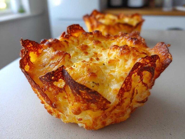 Close-up of a golden brown, crispy Keto Crispy Cheese Taco Shell Bowl fresh from the oven.