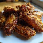 A close-up of a pile of golden brown Keto Crispy Parmesan Chicken Wings coated in seasoning on a white plate.