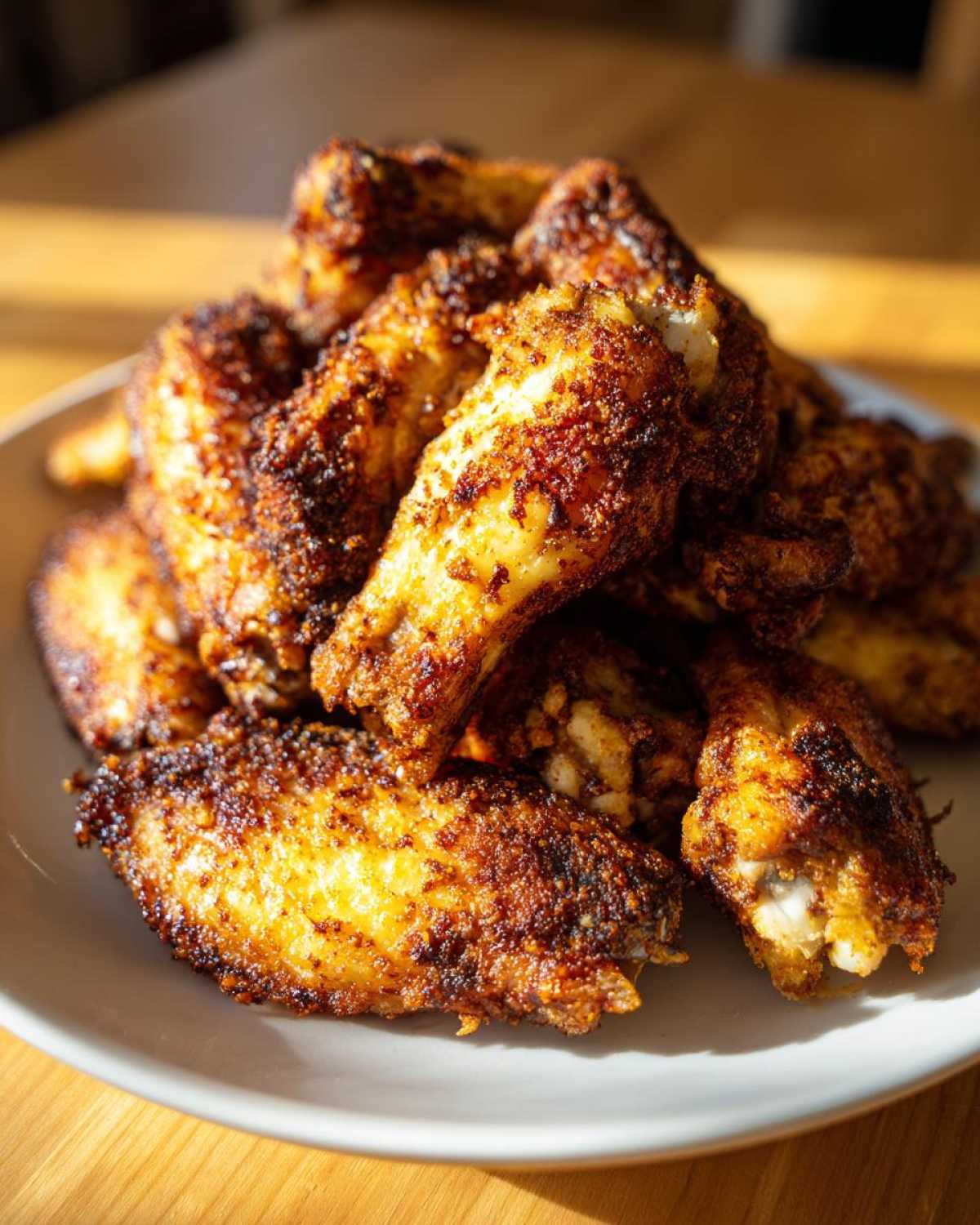 A mound of golden brown, crispy Keto Crispy Parmesan Chicken Wings piled high on a white plate.