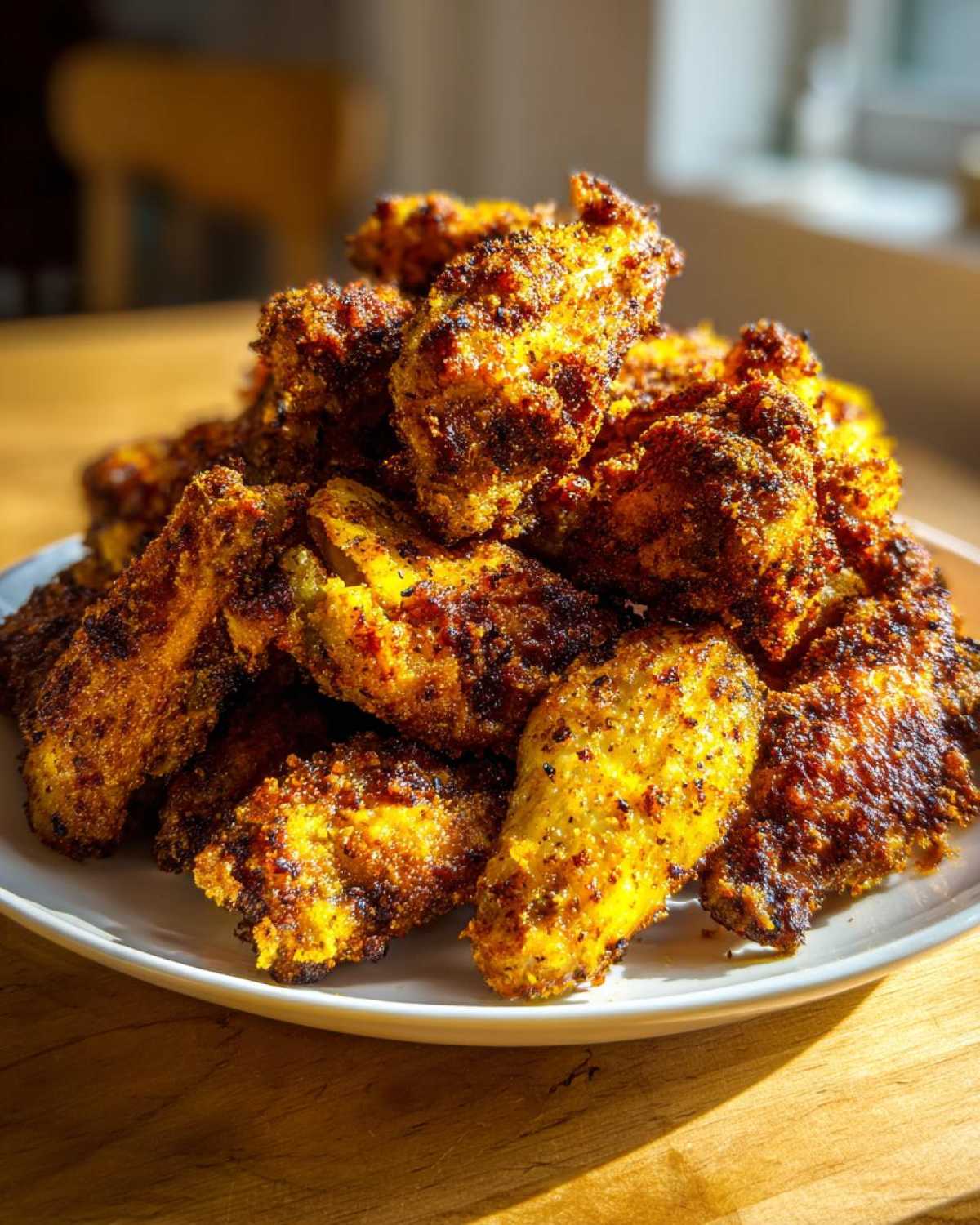A large pile of golden brown, crispy Keto Crispy Parmesan Chicken Wings stacked high on a white plate.
