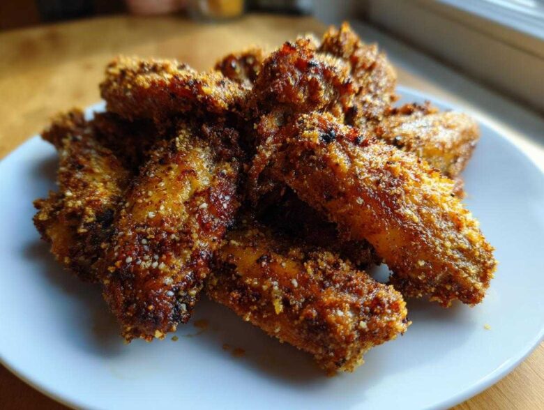 A close-up of a pile of golden brown Keto Crispy Parmesan Chicken Wings coated in seasoning on a white plate.
