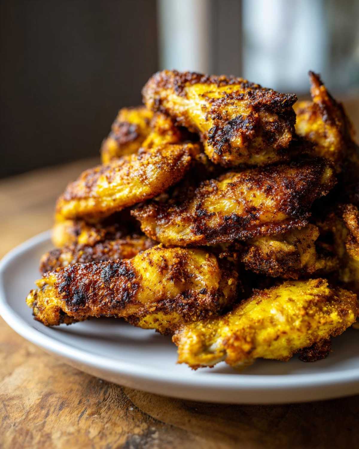 A close-up stack of golden brown, crispy Keto Crispy Parmesan Chicken Wings piled high on a white plate.