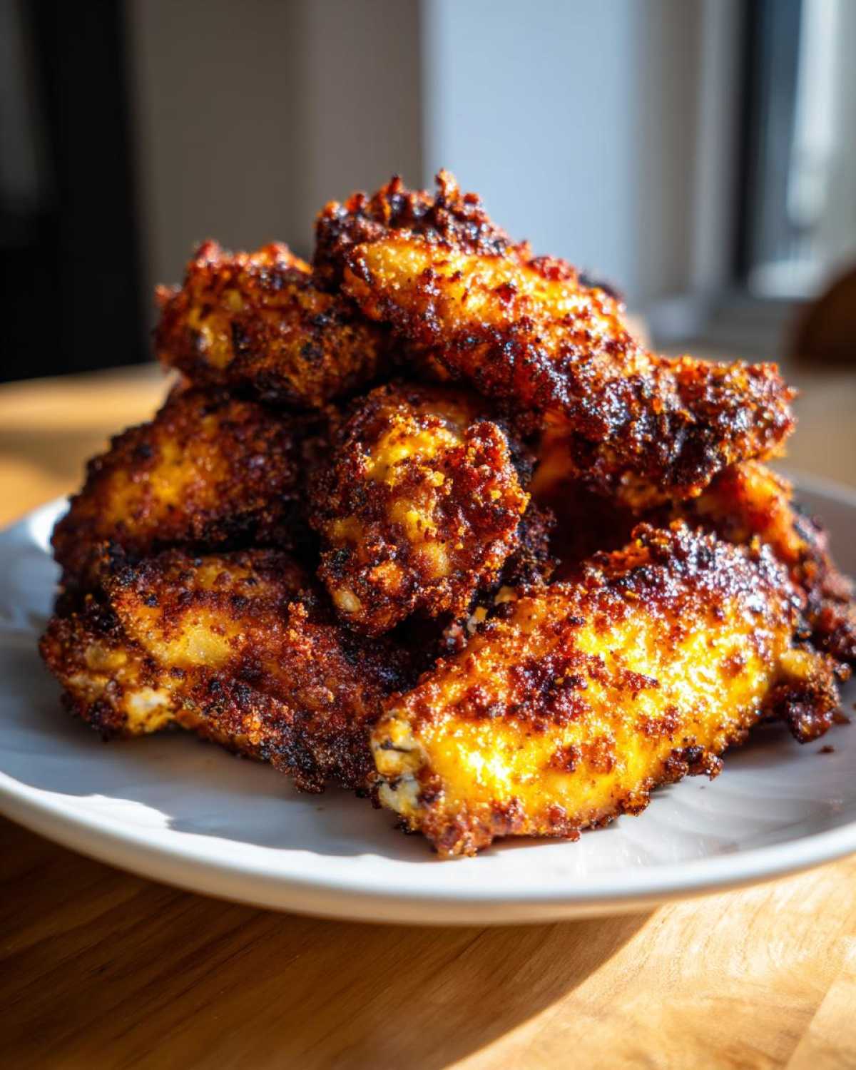 A close-up stack of golden brown, crispy Keto Crispy Parmesan Chicken Wings piled high on a white plate.