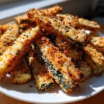 A pile of golden brown Keto Crispy Parmesan Zucchini Fries stacked on a white plate, perfectly baked.