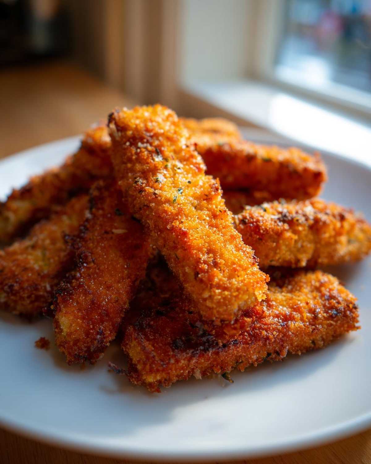 A close-up pile of golden brown Keto Crispy Parmesan Zucchini Fries served on a white plate.