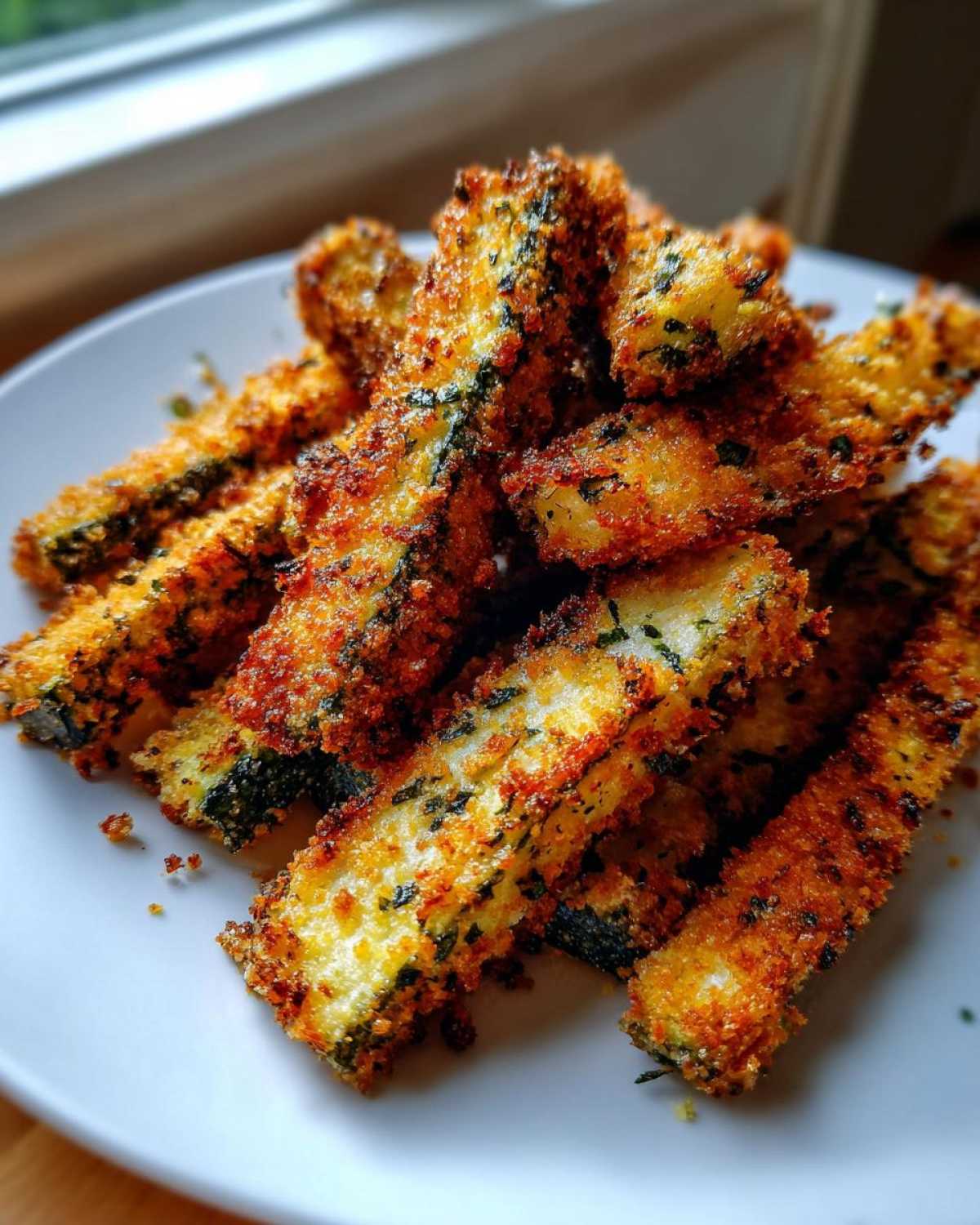 A close-up of a pile of golden brown Keto Crispy Parmesan Zucchini Fries stacked on a white plate.