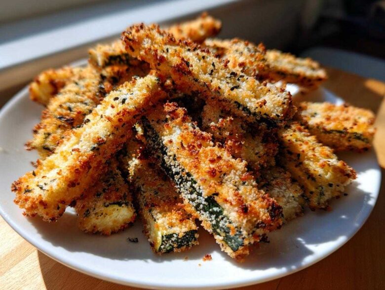 A pile of golden brown Keto Crispy Parmesan Zucchini Fries stacked on a white plate, perfectly baked.