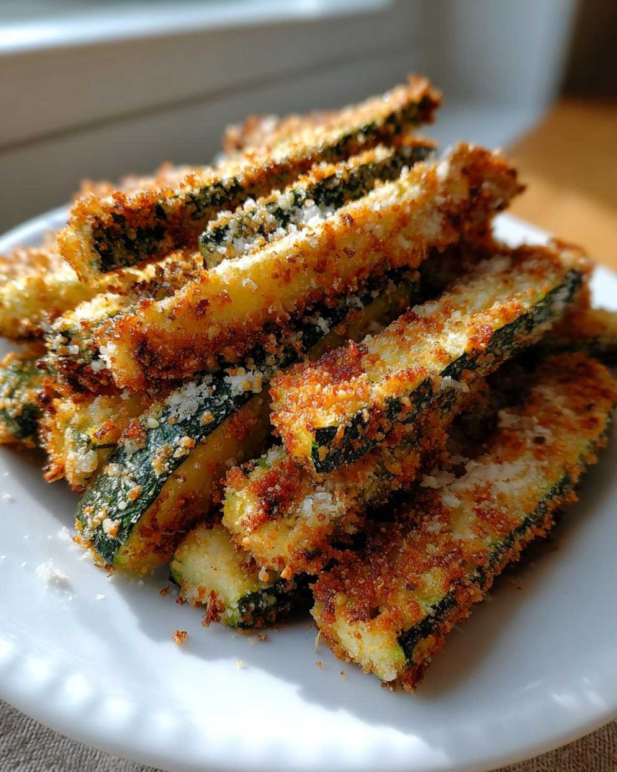 A close-up of golden brown Keto Crispy Parmesan Zucchini Fries stacked high on a white plate.