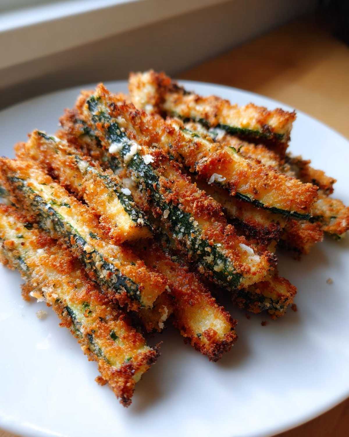 A close-up of golden brown Keto Crispy Parmesan Zucchini Fries piled high on a white plate.