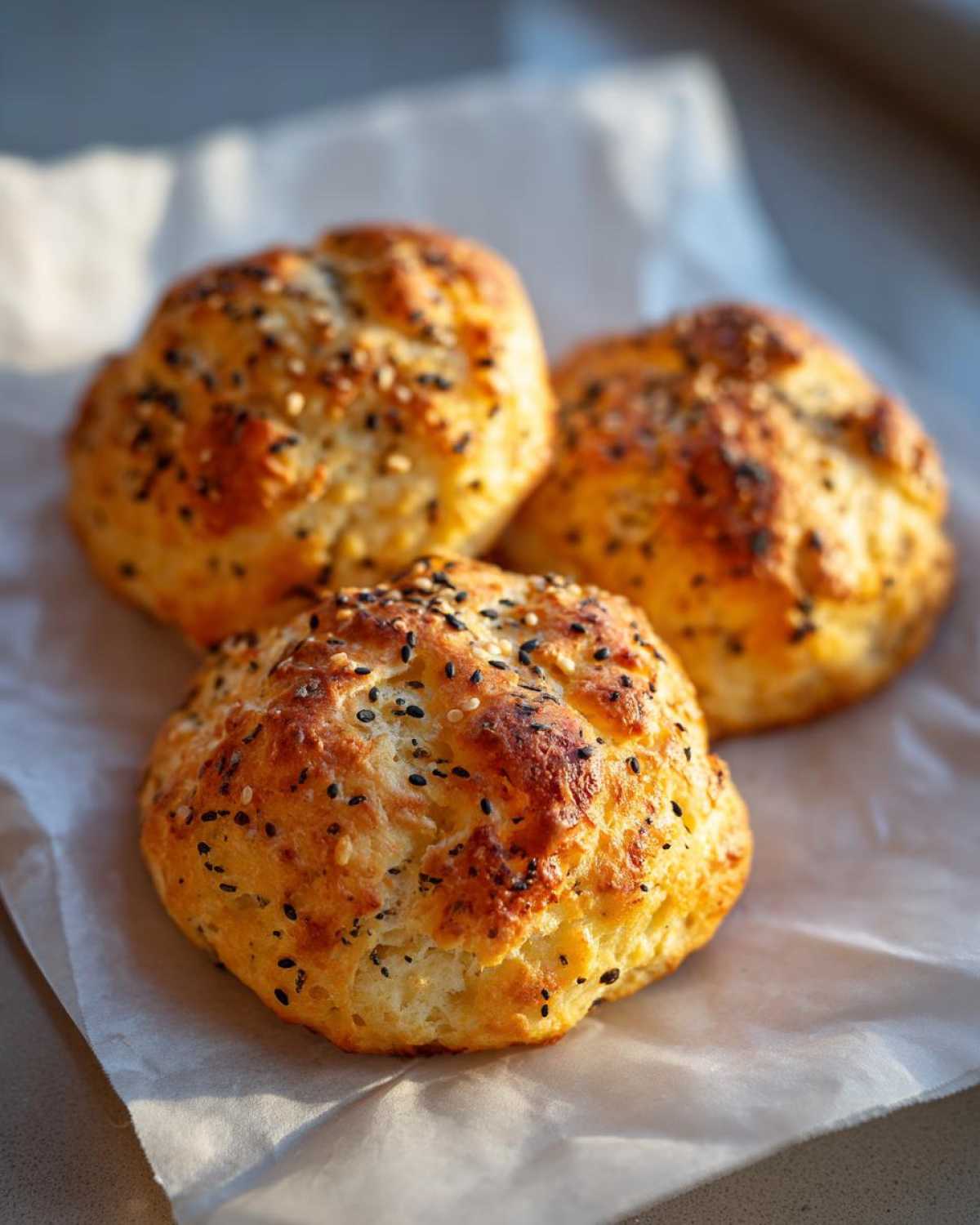 Three golden-brown Keto Everything Bagel Cloud Breads topped with black and white sesame seeds resting on parchment paper.