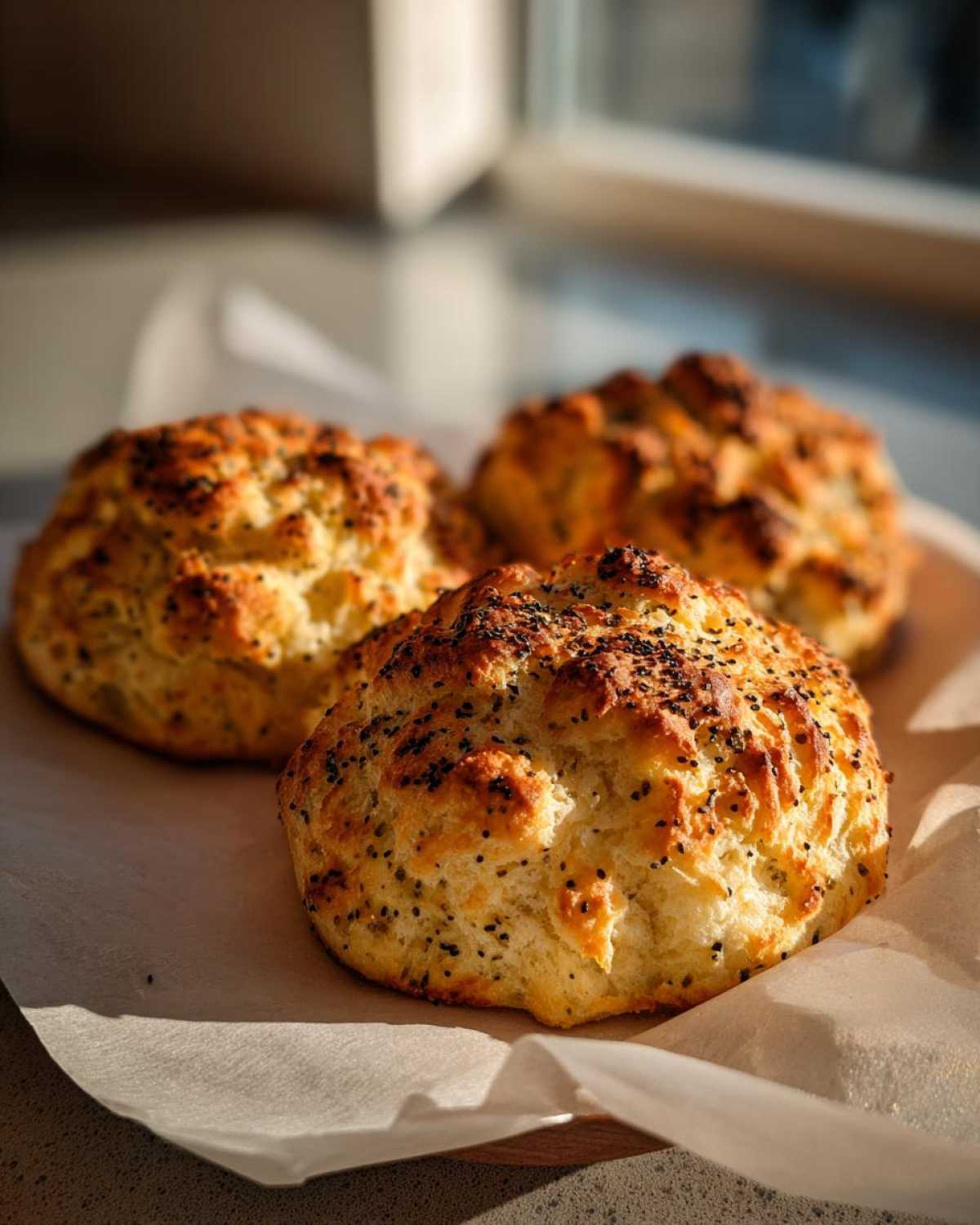Three golden brown Keto Everything Bagel Cloud Bread buns topped with poppy seeds, resting on parchment paper.