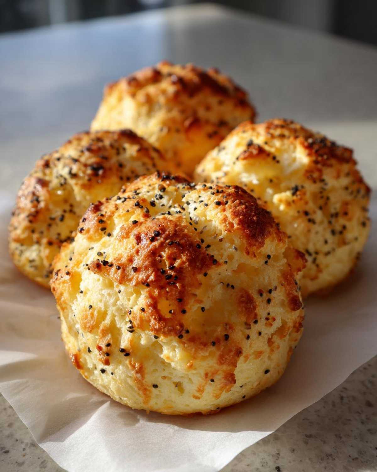 Four golden-brown Keto Everything Bagel Cloud Bread buns topped with poppy seeds, resting on parchment paper.
