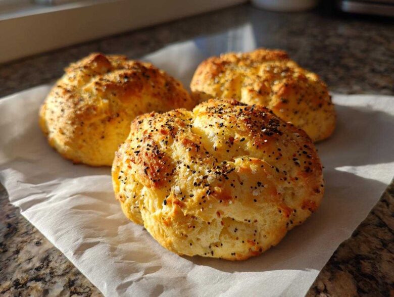 Three golden-brown Keto Everything Bagel Cloud Bread buns sprinkled with seeds and salt, resting on parchment paper.