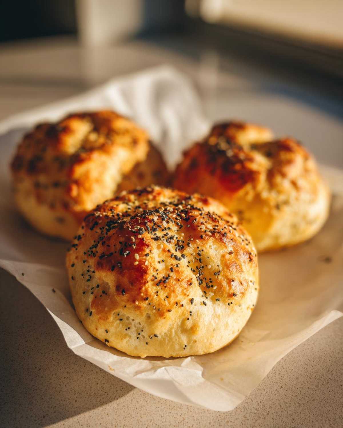 Three golden-brown Keto Everything Bagel Cloud Bread rolls topped with everything bagel seasoning, resting on parchment paper.