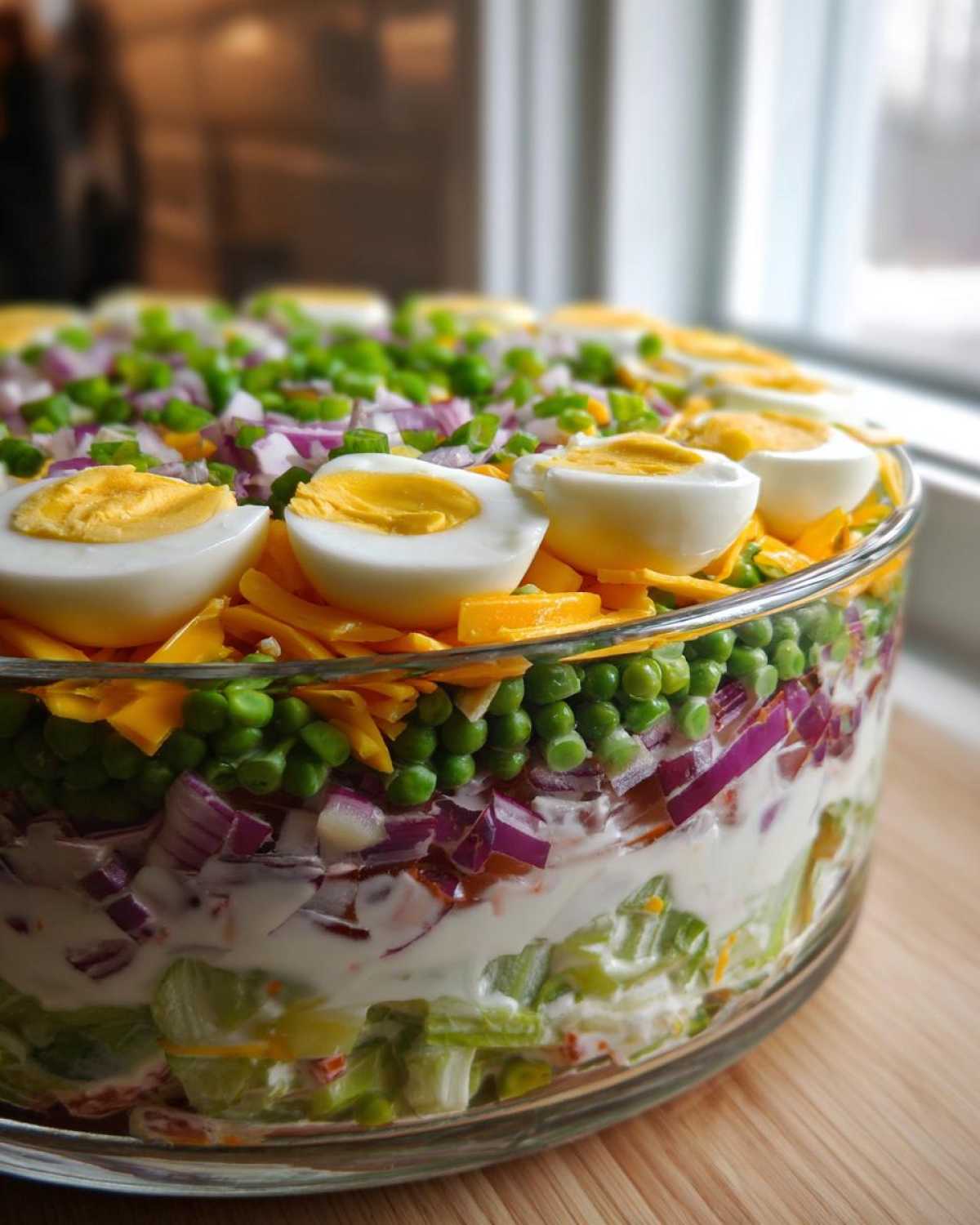 A clear glass bowl showcasing the distinct layers of the 7 layer salad, topped with sliced eggs, peas, and cheese.