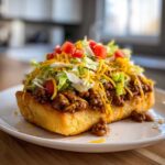 A hearty Navajo Taco Fry Bread topped with chili, shredded lettuce, diced tomatoes, and cheddar cheese.