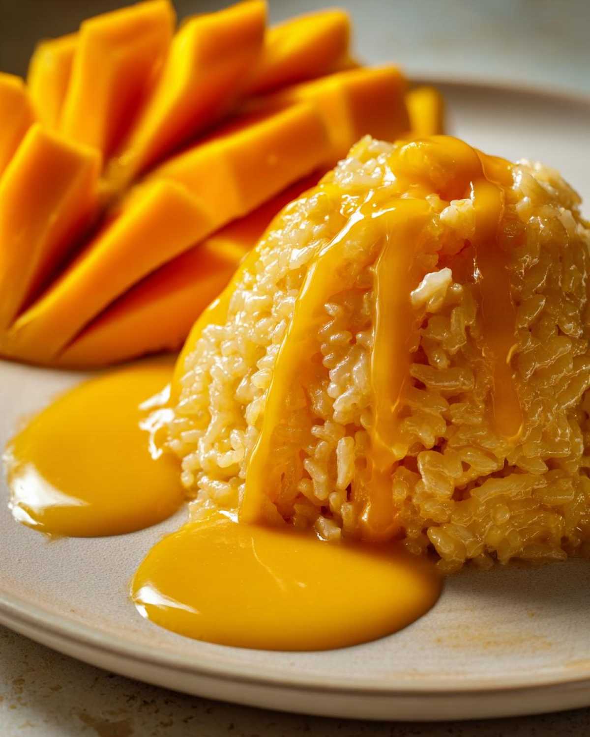 Close-up of a mound of sticky rice topped with rich mango sauce, served next to sliced fresh mango, showcasing mango sticky rice.