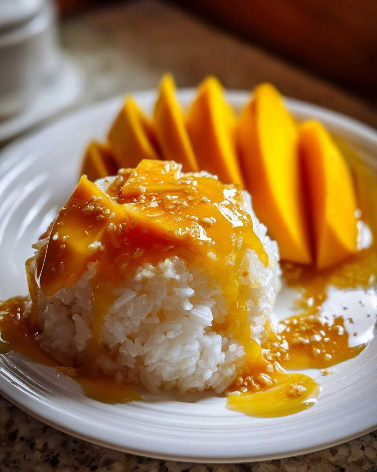 Close-up of a mound of white sticky rice topped with rich mango sauce, served alongside fresh mango slices for mango sticky rice.