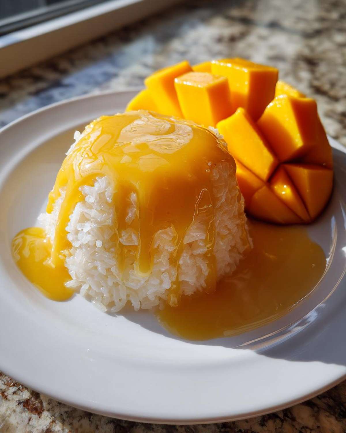 A serving of sticky white rice topped with sweet yellow sauce next to sliced fresh mango, ready to enjoy mango sticky rice.