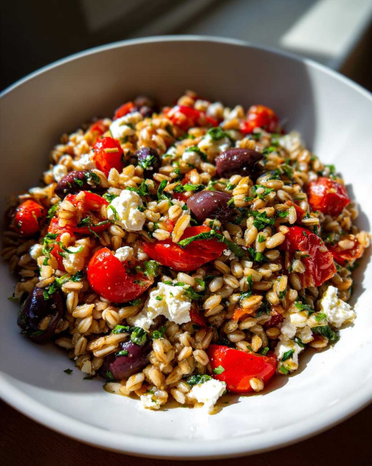 Close-up of a bowl filled with hearty Mediterranean farro salad featuring plump farro grains, red tomatoes, Kalamata olives, and feta cheese.