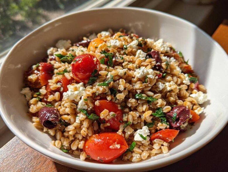 A close-up bowl of vibrant Mediterranean farro salad featuring whole farro grains, cherry tomatoes, Kalamata olives, and crumbled feta cheese.